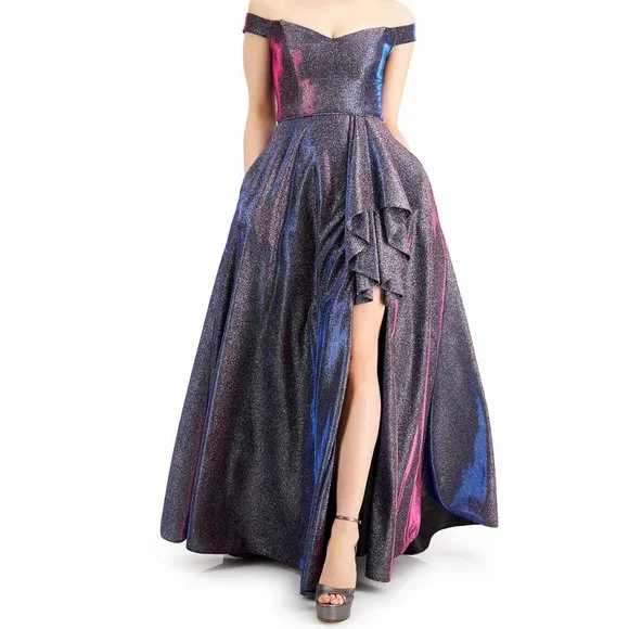 open lace back dress Lace-Up Corset Long Prom Dress with Glitter Print Periwinkle / 7